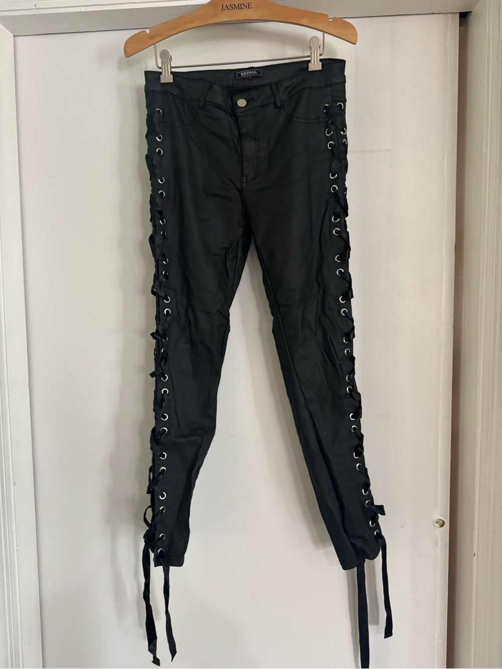 Redial Black leather look Motorcycle Pants Lace Up Legs stretch liquid look